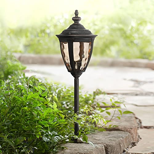 John Timberland Bellagio 22 1/2 High Rustic Traditional Outdoor Landscape Path Light Porch House Exterior Outside LED Bulb Weatherproof Brown Bronze Finish Metal Hammered Champagne Glass Shade