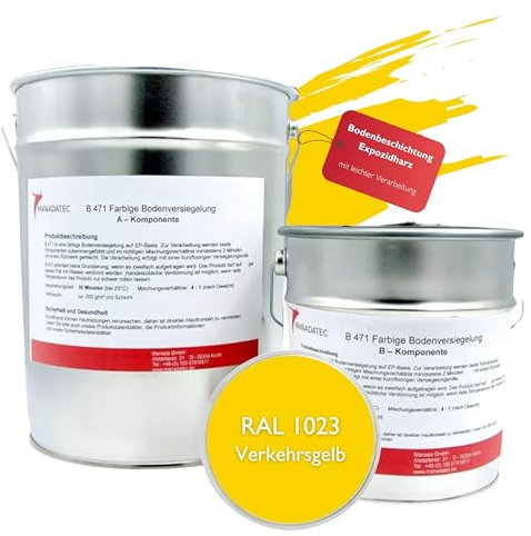 Peinture époxy 2K - Revêtement de sol époxy - Peinture au sol - Peinture pour béton - Pour garage, atelier, cave, industrie - 5 kg - RAL 1023 - Jaune de signalisation
