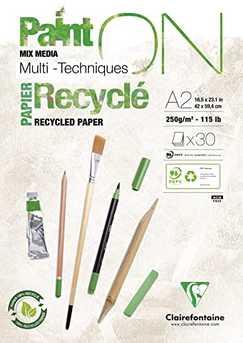 Clairefontaine 975743C - Block Paint'ON, geleimt, DIN A2, 30 Blatt Recycling-Papier weiß 250g, perfekt für Trocken- und Nasstechniken, 1 Stück
