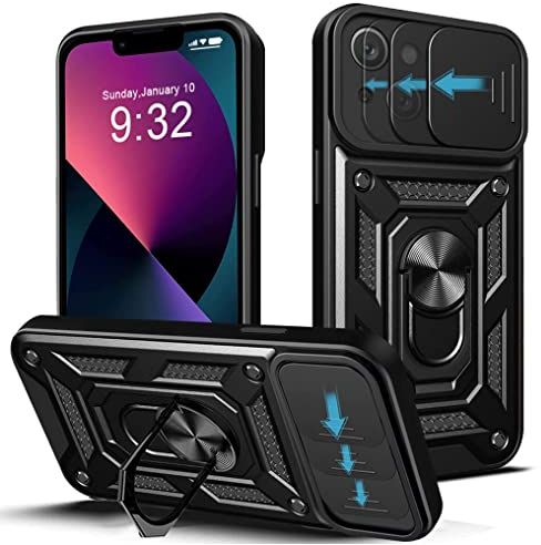 LOCLOUD Coque pour iPhone 13, Protection de la Caméra Étui avec Lentille Coulissante Couverture et Support à Bague Étui de PC Dur et TPU Silicone Antichoc Anti-Rayures – Noir