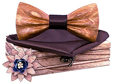 HZQIFEI Jeu de Nœud Papillon en Bois, Noeud Papillon Bois avec Carré de Tissu et Broche en Bois pour Cadeau, Réception, Mariage (C11, 3Pcs)