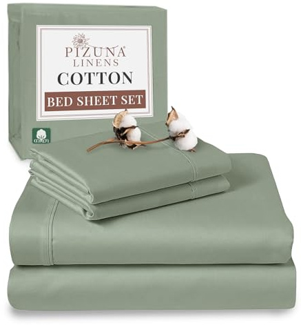 Pizuna 100% Cotton King Size Sheet Set Sea Foam, 400 Thead Count Long Staple Cotton Bedding Set 275x280 cm, Soft Sateen 4 PC King Bed Sheet Set -Fitted Sheet, Flat Sheet & 2 Pillowcases