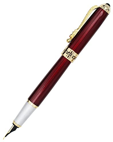 Gullor Fountain Pen with Ink Converter, Golden Dragon Clip, Executive Pen for Smooth Writing, Fine Nib, Red