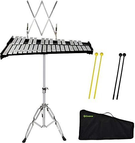 ENNBOM Schwarzes Glockenspiel mit 32 Tönen und Notenklammer, Xylophon-Instrumenten-Set mit verstellbarem höhenverstellbarem Rahmen (32 Noten, schwarz)