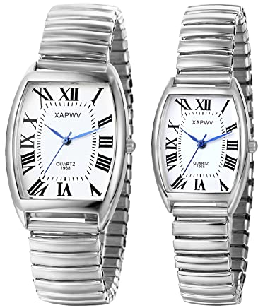 JewelryWe Paar Uhren Analog Quarz Pärchen Armbanduhr Klassisch Rechteckig Elastisch Legierung Armband Partner Freundschafts Uhr mit weißem Römischen Ziffern Zifferblatt Silber