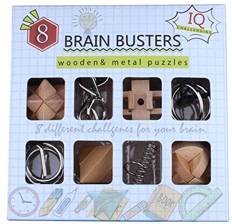 Ameego wooden & Metal Puzzle Brain Teasers IQ trainer 8 Different Challenges Difficult Unlock Interlock 3D Metal Wire Wood Magic Trick Educational Intelligence Jigsaw Puzzles for Kids & Adults