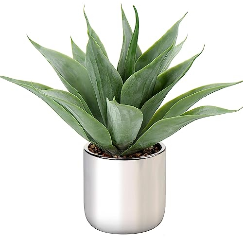 Hollyone 13 Artificial Aloe Fake Potted Plant, Faux Aloe in Galvanized Silver Pot Decorative Artificial Succulent for Home Decor, Living Room, Kitchen, Office Desk, Table, Bathroom Decorations