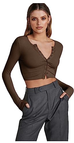 HEYPORK Damen Frühling Sommer Top Bluse Bequem Lässig T-Shirt Mode Blusen Frauen Knopf Gerippt Langarm Gestrickt Strickjacke Kurz Halter Hals Peplum Top(Braun, XL)