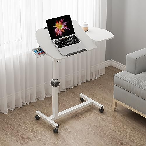 Escritorio blanco mesa auxiliar altura ajustable ángulo mesa con ruedas mesa de ordenador con tope antideslizante soporte para portátil pequeño cajón soporte para bebidas 60 x 40 cm mesa portátil