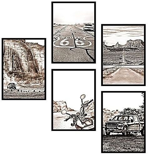 ZAUBERBILD Premium Poster Set Wandbild | USA Highway Route 66 Motorrad US Car | 5x DIN A4 für Wohnzimmer