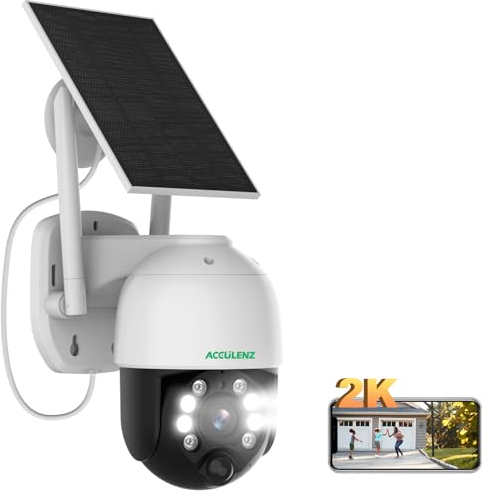 ACCULENZ 4MP Telecamera WiFi Esterno Senza Fili con Pannello Solare, 360° Videocamera Sorveglianza Wireless con Batteria, Visione Notturna a Colori, Sirena, Rilevazione di Movimento PIR, 2,4 GHz, BD4