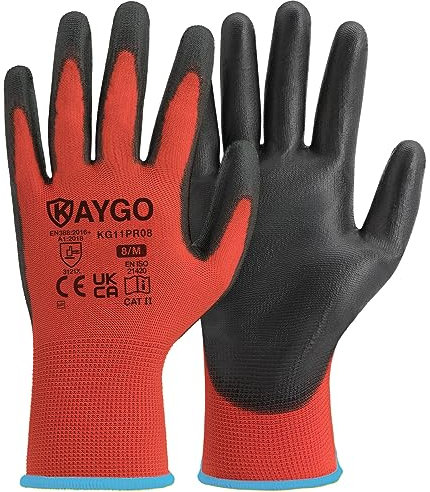 KAYGO Work Gloves PU Coated-12 Pairs, KG11PR, Safety Working Gloves with Secure Grip on Palm & Fingers, for Men and Women, Ideal for General Purpose Light Duty Work, Gardening (Medium, Red)