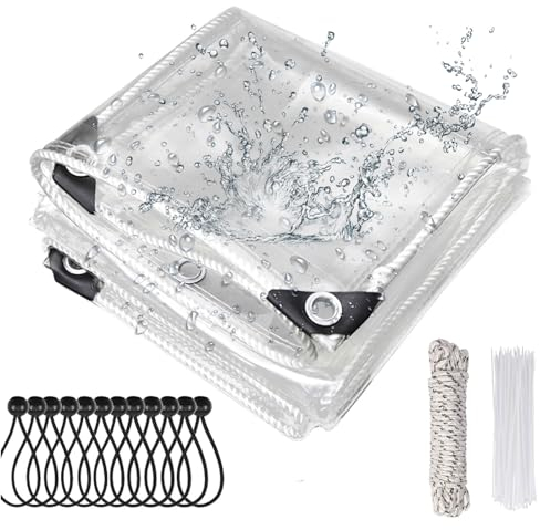 Jianyana Plane transparent mit ösen, 420g/m² PVC abdeckplane wasserdicht wetterschutzplane transparent planen nach maß mit 20 Kabelbindern, 12 schwarzen Ballseilen, 10m Befestigungsseil 1,8 x 2,5 m