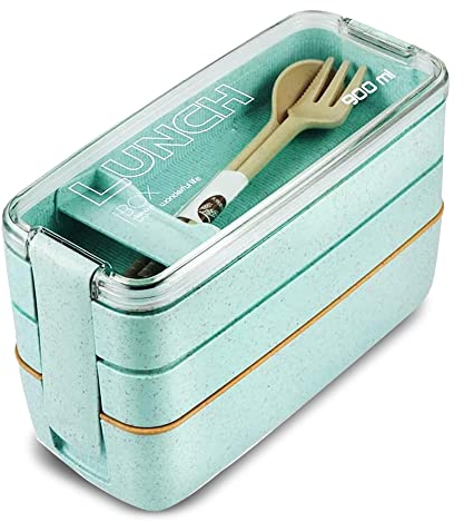 BENTO Lunch Box for Adults | Japanese Bento Boxes | Reusable Lunch Box Food Storage Container With 3 Compartments and Cutlery Set | Leak Proof, Microwave and Dishwasher Safe. (1 GREEN)
