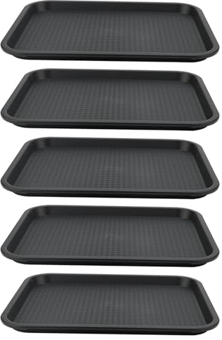 LEXININ 5 PCS Plastic Fast Food Trays, 35 x 27cm Rectangular Food Trays, Black Plastic Food Trays for Serving Drinks Snacks Coffee