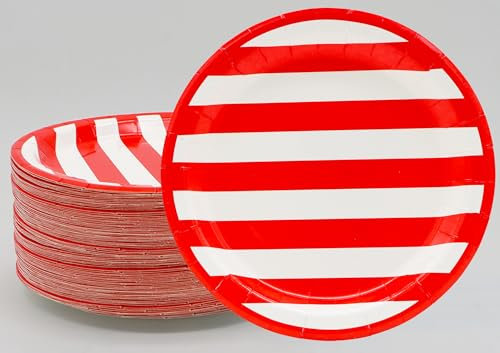 50Pcs Red and White Stripes Party Supplies Red & White Stripes Plates 7Red Striped Dessert Paper Plates Carnival Party Theme Circus Picnic BBQ Holiday Wedding 4th of July Red Birthday Party Decor