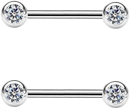 DENI 2 Brustwarzenpiercings für Damen mit 2 Strasssteinen, Stablänge 12 mm und Dicke 1,6 mm, antiallergisch, Silber