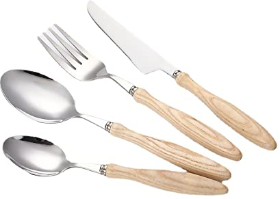 Ensemble d'argenterie 32 pièces – Manche en bois, ustensiles réutilisables en acier inoxydable, fourchettes, cuillères, couteaux, ensemble de couverts polis miroir, idéal pour les réunions de famille