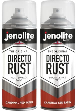 JENOLITE Directorust Spray Paint Satin Finish | CARDINAL RED | 2 x 400ml | Direct To Rust Spray Paint For Metal | All-In-One Multi Surface Paint for Metal, Wood, Plastic, Ceramic | RAL 3001