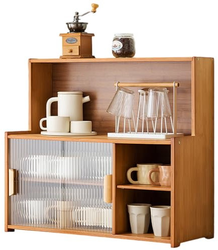SINBINTA Bambus-Küchen-Sideboard, Küchenschrank mit 2 Glasschiebetüren, freistehender Essschrank, Aufbewahrungsschrank für Flaschen, Schalen, 67 cm lang