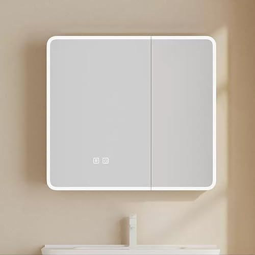 Spiegelschränke fürs Bad Badezimmer Spiegelschrank mit 2 Türen, Spiegelschrank Bad mit Beleuchtung, Antibeschlag, Stufenlose Dimmung, Weiß ( Color : White B , Size : 80*12*65cm/31*5*26in )