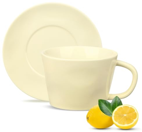 MACHUMA Elegant Large Capacity 600ML Ceramic Mug and Saucer Set - European Style Breakfast Cups for Milk & Oatmeal in 4 Soft Tones (White)