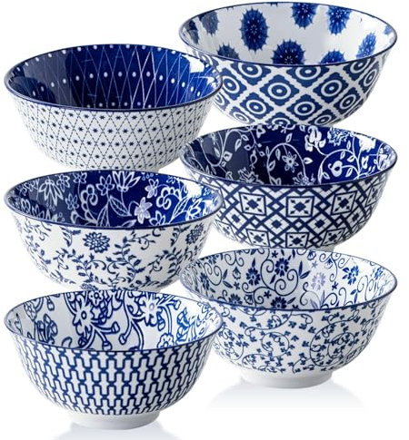 Cerkik Keramik Suppenschalen Set - 709 ml Tief Müslischale Porzellan - 24 oz große Küche Abendessen Schüssel Essen Salat Pasta Dessert Nudel Reis Haferflocken - Set von 6 - Vintage Blau