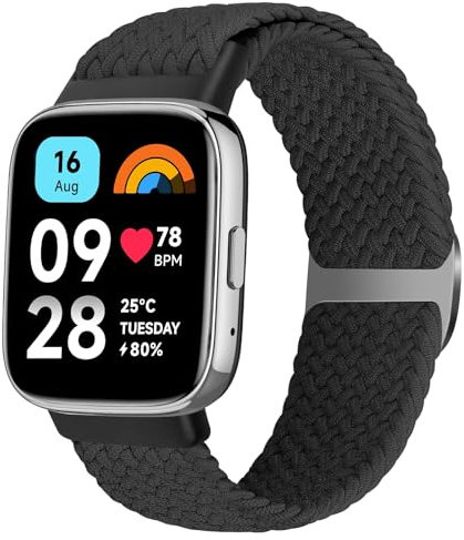 BTTNG Bracelet élastique tressé compatible avec Xiaomi Redmi Watch 3 Active pour femmes et hommes, 1 lot de bracelets élastiques tressés respirants Solo Loop Sports pour Redmi Watch 3 Active., Noir ,