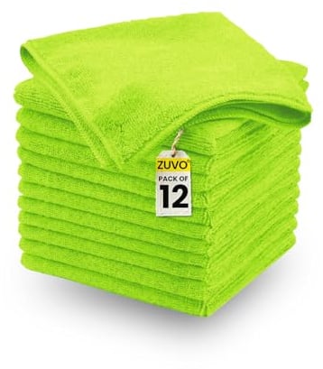 Zuvo Microfibre Cloth Pack of 12 (32x32 cm) - Ultra-Soft,Highly Absorbent, Lint-Free Cleaning Rags,Reusable Large Cloths for Home, Office, Car Care, and Glass in Green