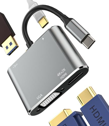 Adaptateur VGA HDMI USB vers USB C Hub (4 en 1) pour Apple iPad iPhone MacBook Air compatible pour Samsung Câble Convertisseur Multiport Adaptateur AV DVI Moniteur Type OTG 3.0 Jack Charge Adapter