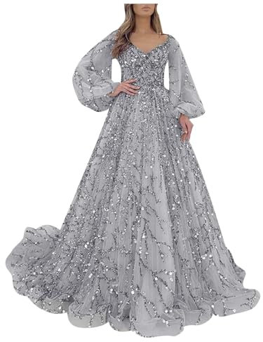 Abendkleid Damen Lang Vintage Kleider Große Größen Glitzer Kleid Elegant Langarm Abendkleider V Ausschintt Cocktailkleid Pailettenkleider Ballkleid Bodenlanges Cocktailkleider Midikleid
