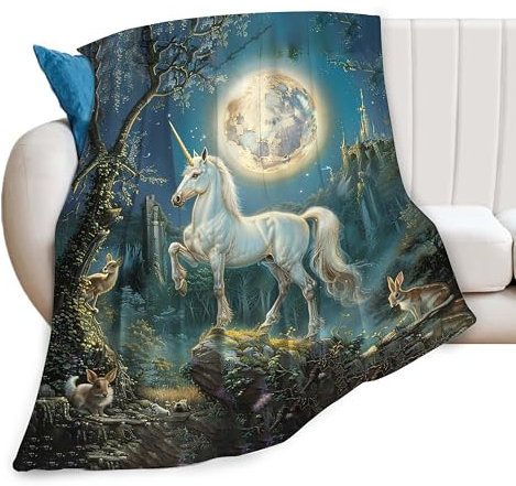 Einhorn-Decke, Wald, Einhorn, Mond, Dekoration, Tier-Überwurf, Decke, Geschenke für Mädchen, Jungen, Einhorn-Liebhaber, Couch, Bettwäsche, warm, weich, Plüsch, leichte Fleece-Flanelldecke für Kinder,