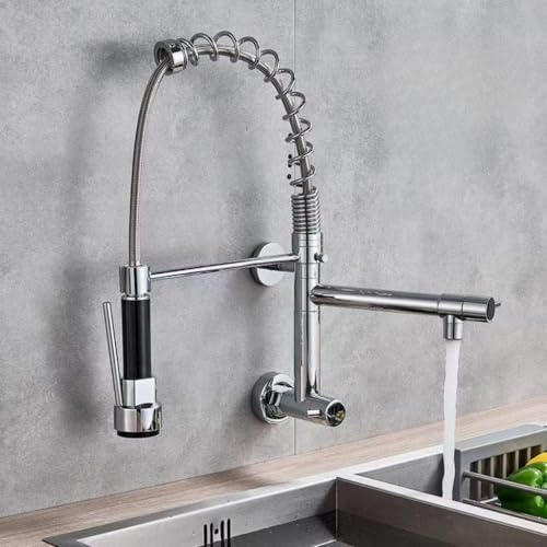 ZYCDP Rubinetto Cucina a Muro Solo acqua Fredda con Molla, Rubinetto Lavello Cucina con Doccetta Estraibile a Molla Miscelatore Cucina Ottone Cromo