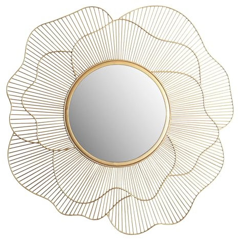 FineBuy Wandspiegel Rose 77 cm Metall Design Hängespiegel Gold, Eisen Dekospiegel Rund, Spiegel Wand Groß Blütenform, Flurspiegel Garderobenspiegel Modern