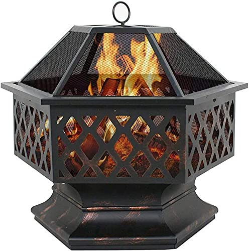 Tragbarer Feuerstellenofen aus Metall im Sechseck-Design, mit Maschensiebabdeckung, Kaminofen mit Holzverbrennung, für Picknick, Lagerfeuer auf der Terrasse