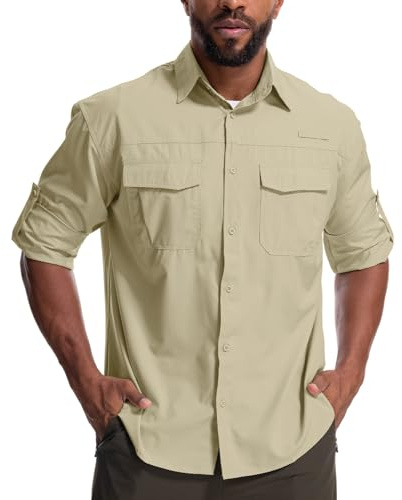 Yenwits Outdoor Hemd Herren Langarm Safari Hemd UV Schutz UPF 50+ Funktionshemd Atmungsaktiv Schnelltrocknend Freizeithemd für Wandern Angeln Trekkin（N5051，Khaki1，2XL）