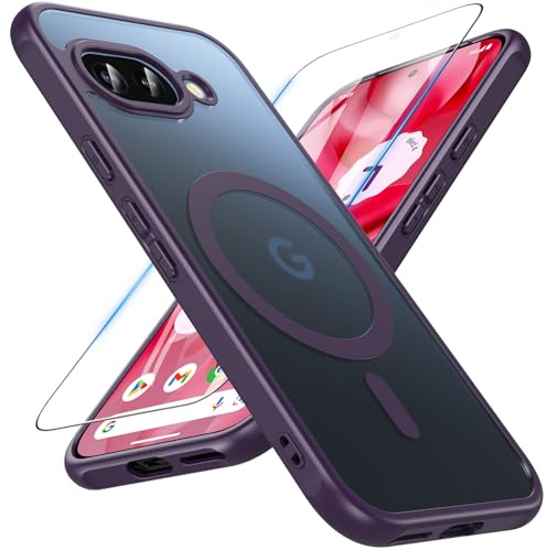 OWKEY Google Pixel 9a Hülle, Magnetisch Pixel 9a Hülle für Magsafe mit Panzer Glas, [Schutz in Militärqualität] Translucent Matte Stoßfest Handyhülle Pixel 9a Case Dünn Cover Schutzhülle, Lila