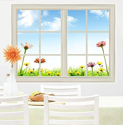 Papier Peint Panoramique Fleurs Herbe 200x140 cm 3D Papier Peint Intissé Vue Par La Fenêtre Photo Trompe l'oeil Poster Grand Mural Salon Chambre Enfant Chambre Décoration Murale a.3562