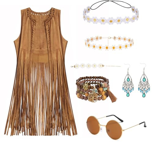 Orizizhic Hippie Kostüm Damen, 70er Jahre Faschingskostüm Fransenweste Brille Gänseblümchen Haarband Halskette Armband Peace Halskette Vintage Ohrringe Lagen Armband Hippie Kostüm für Karneval Party