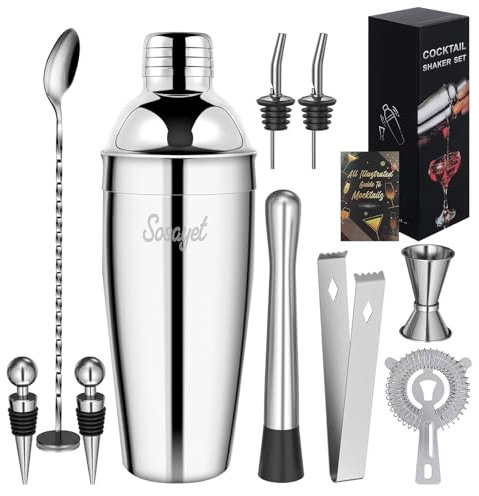 Sosayet Shaker Cocktail Kit, 750ML Shaker INOX Professionnel avec Doseur et Accessoires, Kit Barman pour Gin, Mojito, Martini, Cadeau pour Femme et Homme