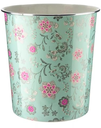 CELINO making your day 7.7L Waste Paper Dust Bin Rubbish Round Plastic Floral Office Bathroom Kitchen (Floral Jade Green & Silver)
