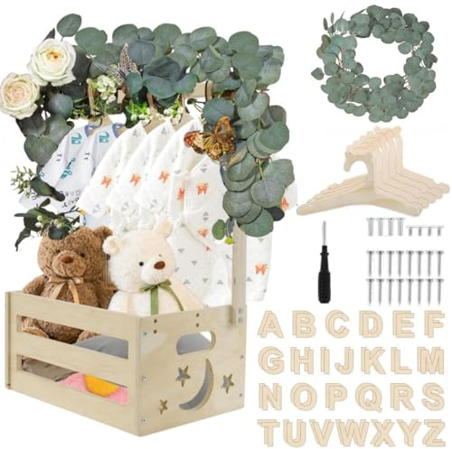 Holzschrank für Babypartys, mit 6 Kleiderbügeln, 2 Sets mit je 26 Buchstaben, 1 m Rattan-Rebe, Baby-Kleiderständer, Aufbewahrungskorb für Windeln, Spielzeug, personalisiertes Geschenk