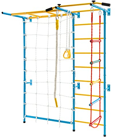 HOMASIS Klettergerüst Indoor, 7 in 1 Sprossenwand mit Klimmzustange, Turnringe, Strickleiter, Kletterseil & Netz, Metall Kletterwand Turnwand für Erwachsene & Kinder, Sportgeräte 100 kg belastbar
