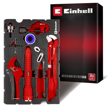 Einhell E-Case Werkzeugeinlage 8-tlg. Sanitärinstallations-Set | Klempner-Set | Rohrschneider | Multifunktions-Beckenschlüssel | Blechstanze | Schaltschrankschlüssel | Isolierband | Zangen