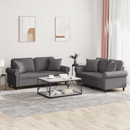 LoogCape 2-TLG. Sofagarnitur, Grau Kunstleder, Robustes Sperrholz-Metall-Gestell, Bequeme Polsterung, Inklusive Kissen, Für Wohnzimmer, 110 kg pro Sitz