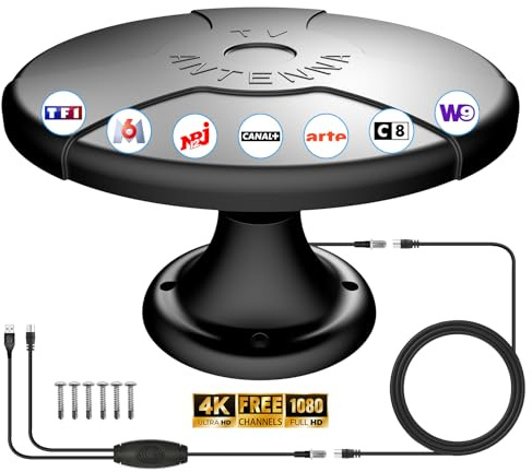 Antenne TNT Exterieur Puissante DVB-T/DVB-T2, Antenne TV 360° Omnidirectionnelle pour Extérieur, Camping-Car, Caravane & Loft, Câble 16,4FT, Antenne TNT Exterieur Compatible Intérieur