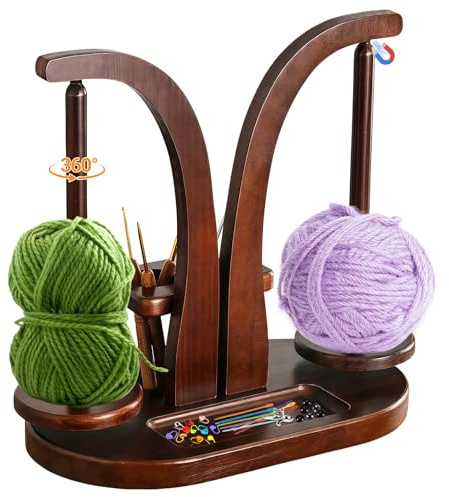 Garqitwan Wollabwickler Holz, Wollknäuelhalter Magnetisch mit Strickzubehör Aufbewahrung, Doppel Garnhalter Wollhalte, Rotierender Wollwickler für Häkel, Stricken, Nähzubehör Geschenke (Walnuss)