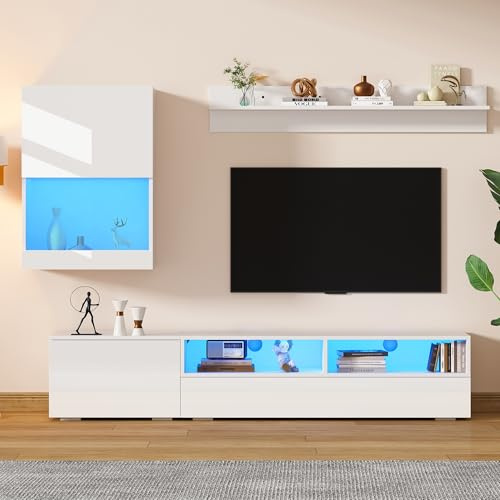 BTM Set of 3 High Gloss TV Wall Unit, White, for 80 TV: 1 Cabinet, 1 Display Cabinet, 1 Hanging Shelf, Living Room Furniture