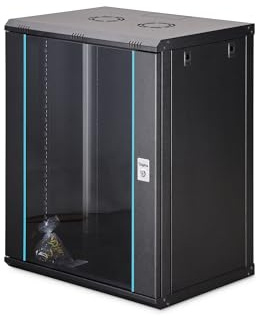 DIGITUS Netzwerkschrank – 19 Zoll 16HE – Unmontiert – Dynamic-N – Schwarz | 450 mm Tiefe – 320 mm Nutztiefe – Wandmontage – 60 kg Traglast – Glastür