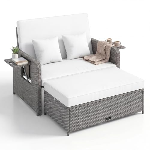 LIFEZEAL Lounge Outdoor, Doppelliege mit Liegefunktion, Rattan Tagesbett Sonnenliege mit Verstellbarer Rückenlehne, 2-Sitzer Gartensofa mit Seitentisch & Ottomane, bis zu 360kg (Mix Grau+Weiß)